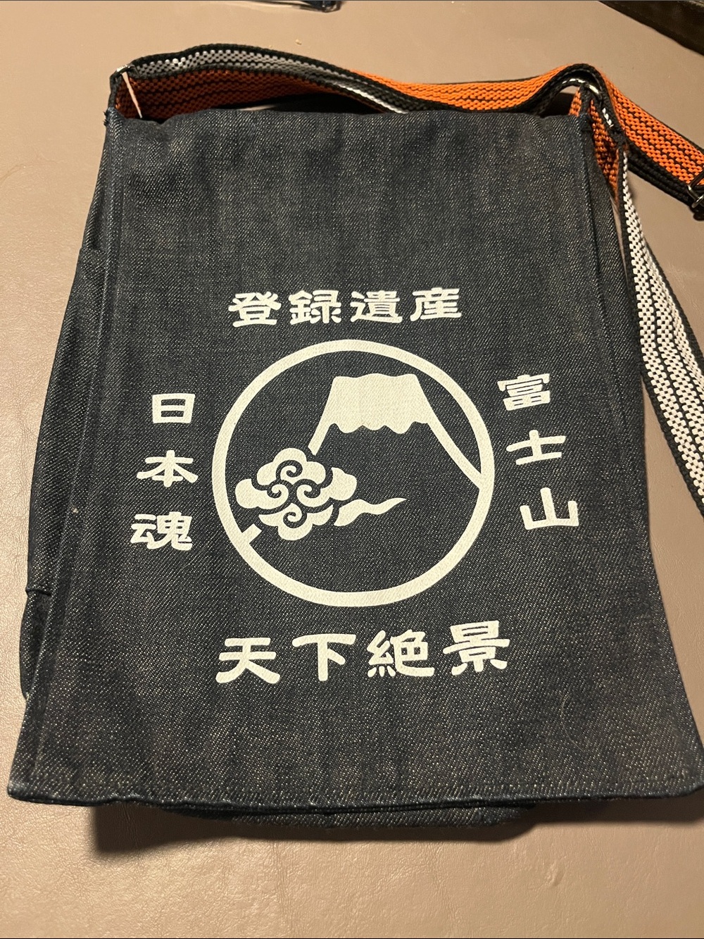 Kurashikiya retro denim crossbody/shoulder bag featuring a Mount Fuji design.